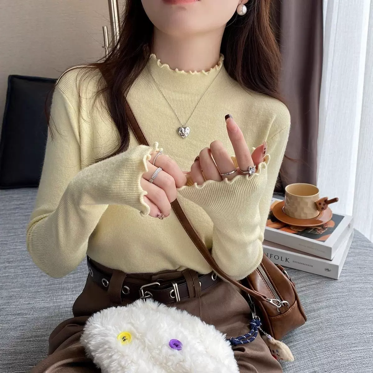 春秋纯色木耳边长袖针织衫打底衫内搭高级螺纹秋冬修身显瘦上衣女