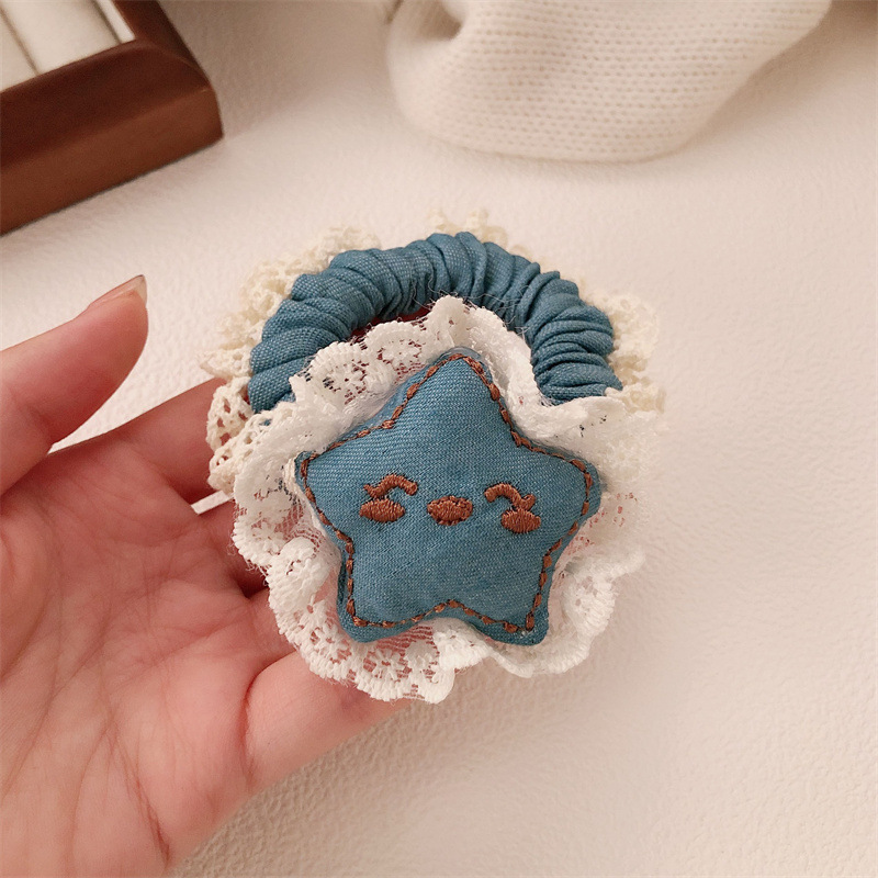 甜美蕾丝牛仔花边猫咪小肠发圈秋冬新款发绳百搭高弹力橡皮筋头绳|undefined