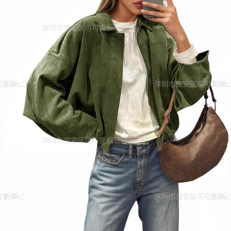 跨境欧美外贸2025秋季新款女装外套时尚飞行员蝙蝠袖拉链夹克上衣|undefined