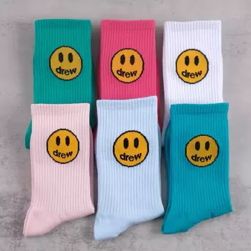 Drew Smiling Face Socks Lake Blue Rose Red Pure Cotton Men's and Women's Mid length Socks ins Trendy Street Skateboarding Sports Socks - ShopShipShake