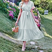 TEMU独立站外贸法式女甜美荷叶袖收腰气质度假约会中长连衣裙