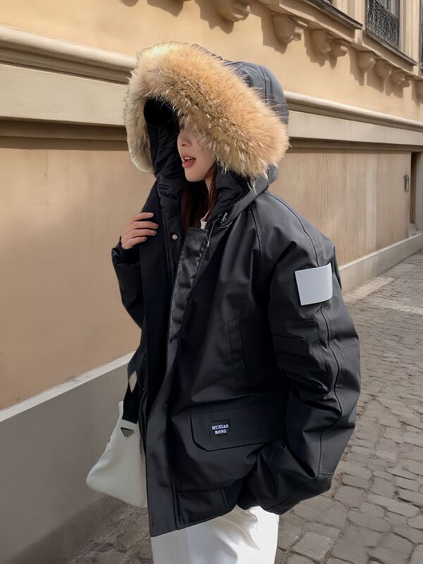 欧美飞行夹克情侣工装羽绒服女2025冬季新款大毛领极寒加厚派克服|undefined