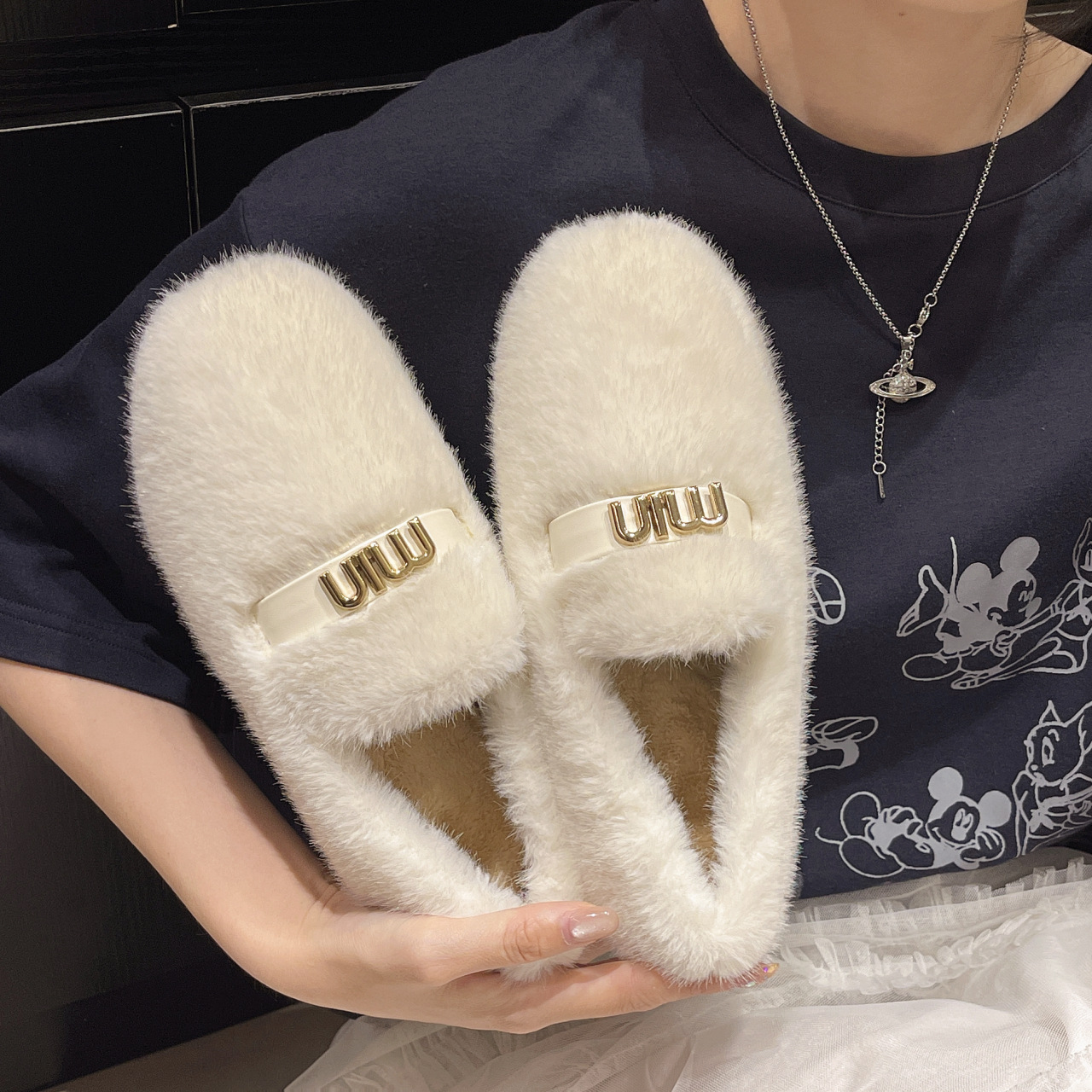 内增高5CM豹纹时髦外穿毛毛鞋女秋冬坡跟一脚蹬网红加绒豆豆棉鞋