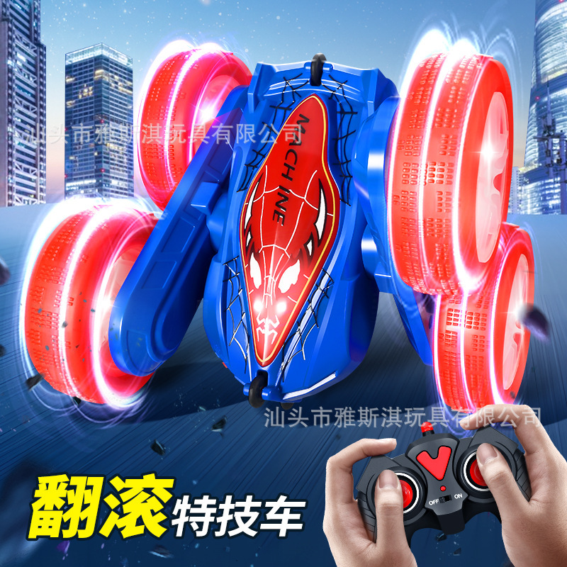 Cross-border four-wheel drive remote control stunt swing arm car double-sided rollover remote control car light music spider man boy toy car