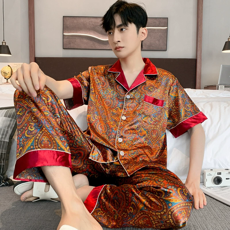 Summer pijama, men's silk thin trousers, set, with short sleeve, for teenagers