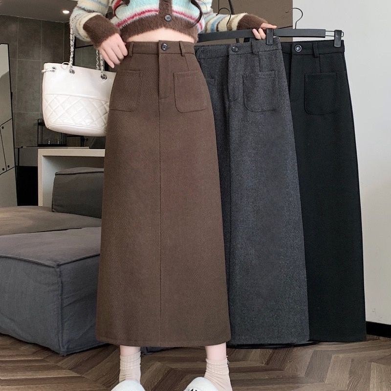 2025 new skirt with thickened wool high waist slimming straight skirt with split mid-length hip-covered skirt