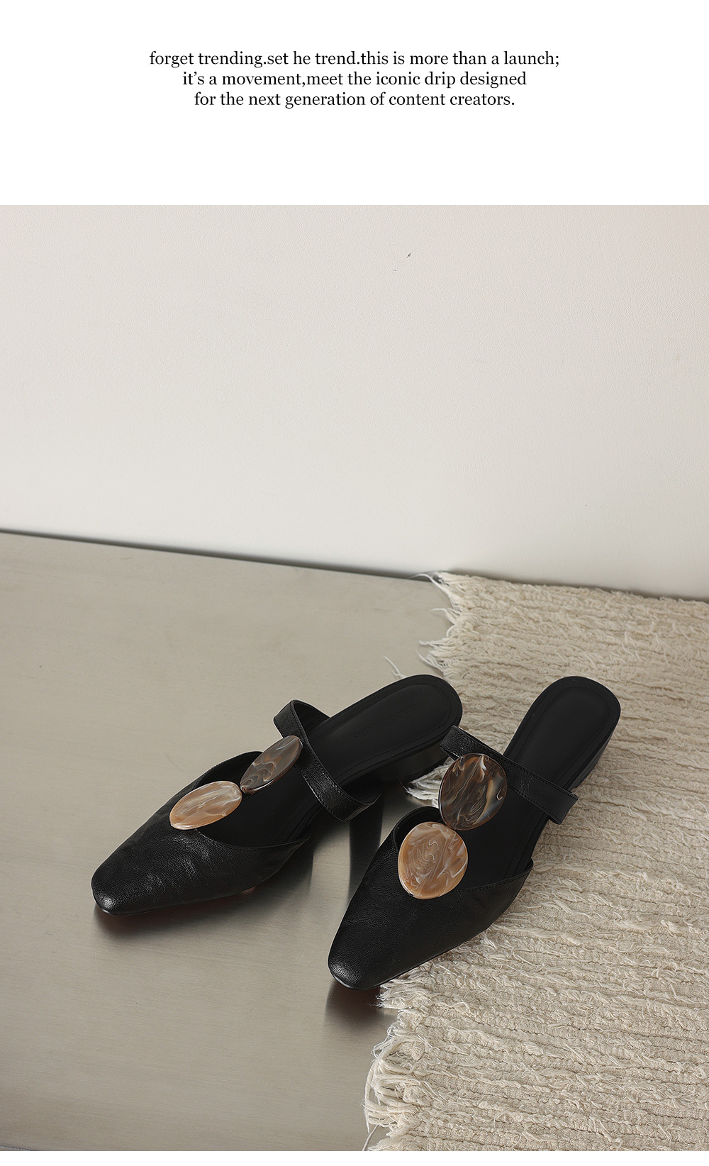 Sandal nữ da dê mũi kín gót thấp phong cách vỏ sò — đen chi tiết 22