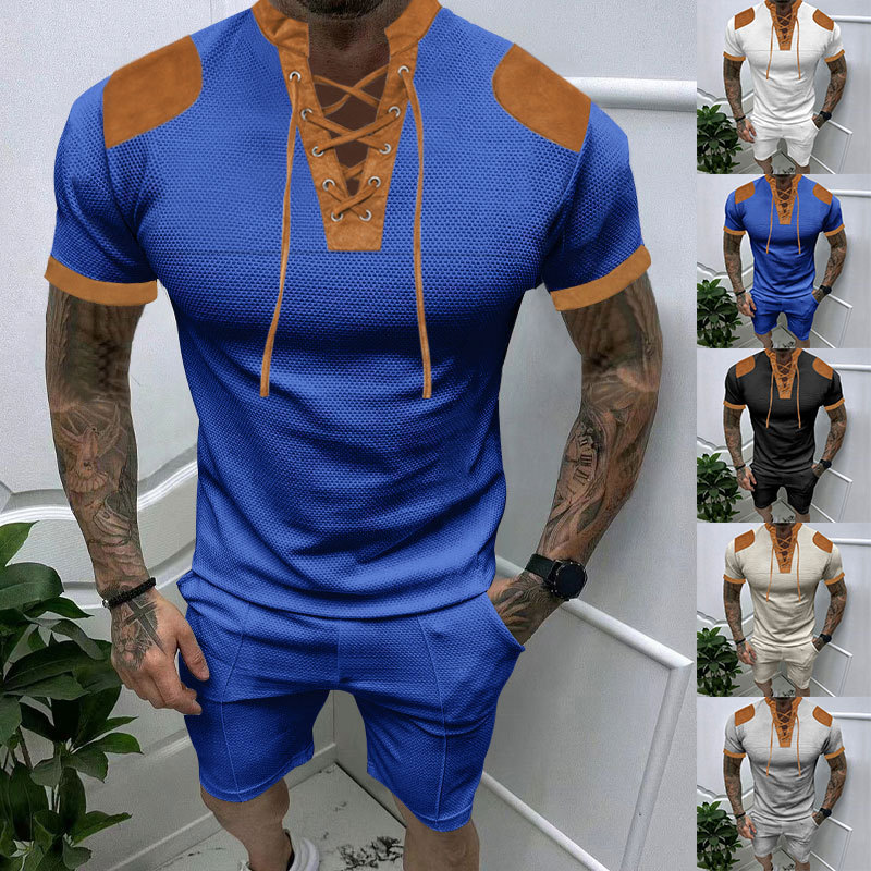 385g Weight Short Sleeve Sleeve Length Polyester Fabric Type Shorts Sets Sets Type 2 Pieces Set Quantity Casual Occasion Turndown Neckline Regular Fit Fit Type Color Block Pattern Summer Season Men's Gender Simple Style Style Men's Color Block Simple Style Turndown Short Sleeve Regular Fit Men's Sets 无