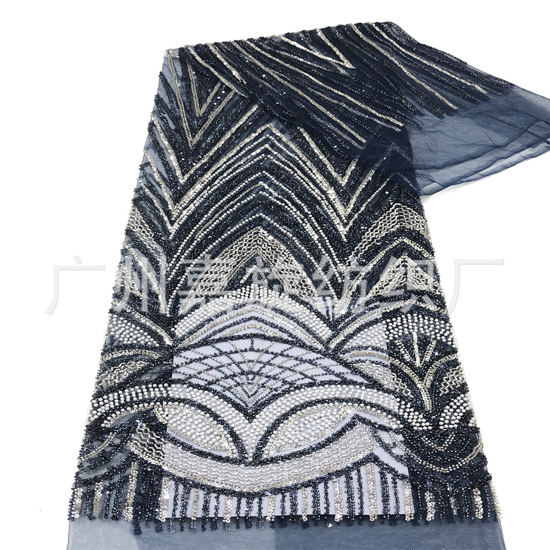 Industria pesada doble color vestido de boda europeo y americano vestido de noche V-striped tela de moda cuentas de clavado sequilla tela bordada cuentas de encaje image 9