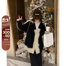 韩版时尚拼接V领针织毛衣女2025秋冬新款宽松加厚保暖中长款上衣