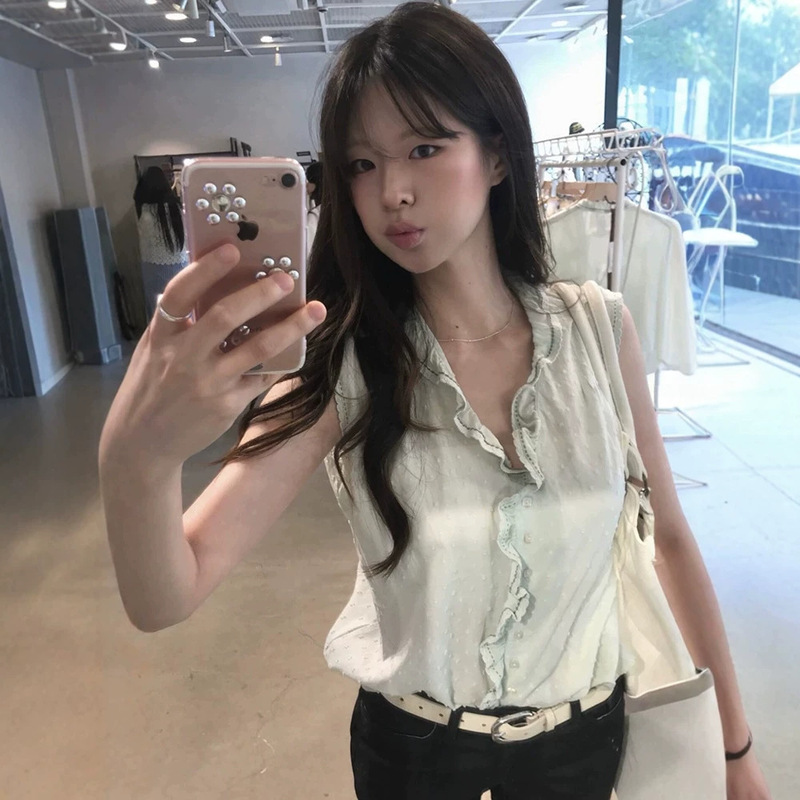 In Stock Mint Green Pure Cotton Lace Trim Sleeveless Shirt Summer Women's Loose Polka Dot V-Neck Tank Top Viapla*N In Stock Mint Green Pure Cotton Lace Trim Sleeveless Shirt Summer Women's Loose Polka Dot V-Neck Tank Top Viapla*N