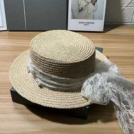 韩版网红气质平顶草帽 夏天海边度假蕾丝飘带遮阳帽甜美成人帽女