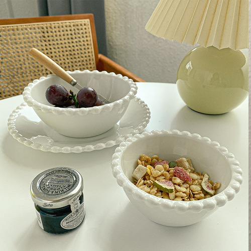 ins白色珠边盘陶瓷西餐碗沙拉碗家用菜盘早餐甜品盘圆形爱形方形