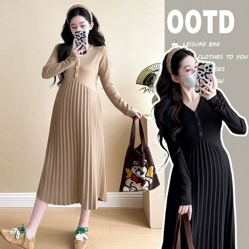 Вязаная юбка для беременных 2024 осень-зима новая корейская мода плиссированная темперамент тонкое кормящее нижнее платье