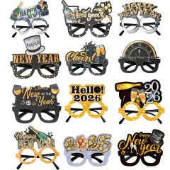 Amazon の新しい 2026 メガネ新年パーティー装飾ブラックゴールドメガネフレーム大晦日イベント写真小道具