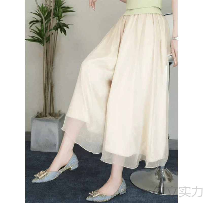 大码冰丝雪纺阔腿裙裤女夏季薄款胖mm显瘦梨形身材高腰九分休闲裤