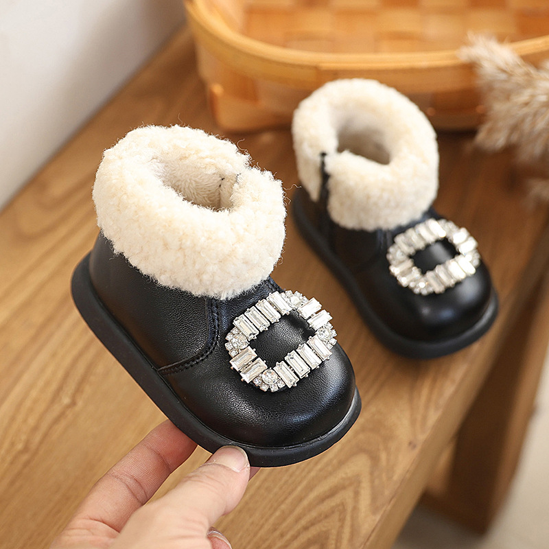 Fur Collar Black Fleece-Lined Boots for Boys and Girls 2025 Winter New Korean Style Mid-Calf Warm Girls' Boots Non-Slip Toddler Boots