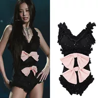 Women's Sleeveless Bow Romper, Black, Fitted Design with Double Front Bows