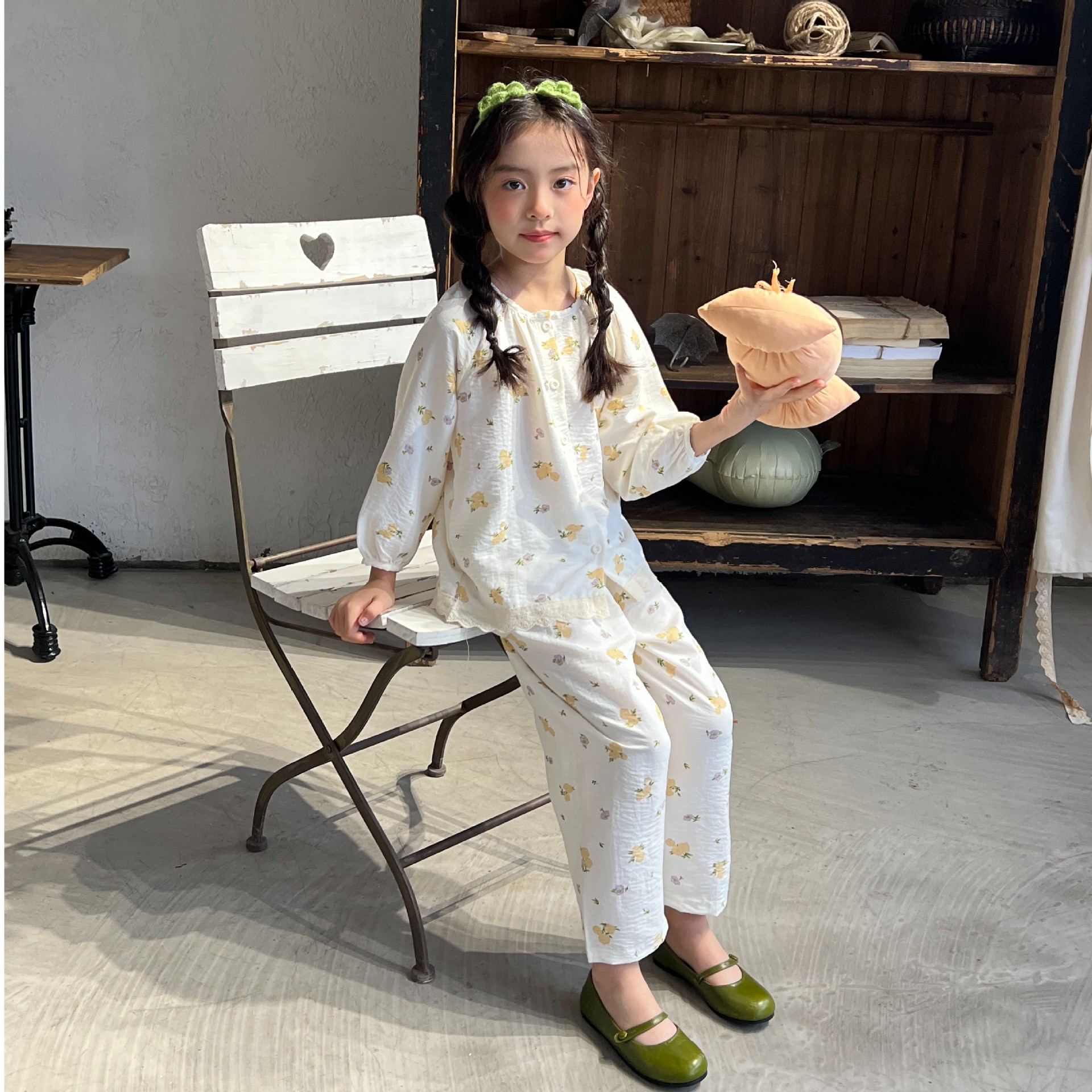Primavera y verano ropa de aire acondicionado para niños niñas lindas pijamas de encaje niños grandes dibujos animados tiempo suelto ropa de algodón para el hogar image 10