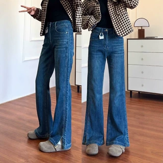 夏季新款开叉微喇牛仔裤女胖mm小个子梨型身材显瘦加长直筒拖地裤
