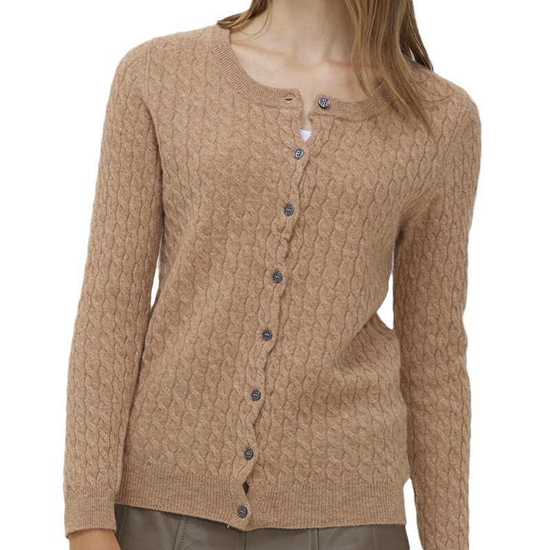 Autumn and Winter Round-Neck Cable Knit Cardigan Solid Color Wool Sweater Women's Knitted Sweater Coat Light Luxury Wholesale Fine Wool Cable Knit