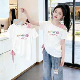 女童个性短袖百搭T恤新款夏季洋气儿童上衣系带中大童收腰吸