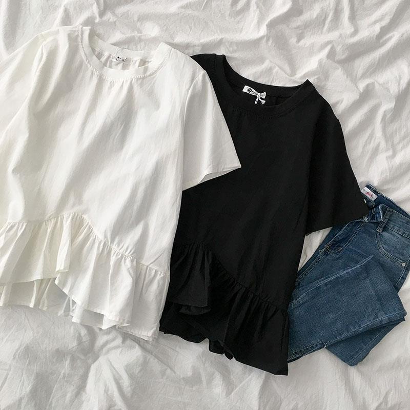 Student round neck doll all-match top 2020 new summer women's Korean style irregular ruffled short sleeve t-shirt