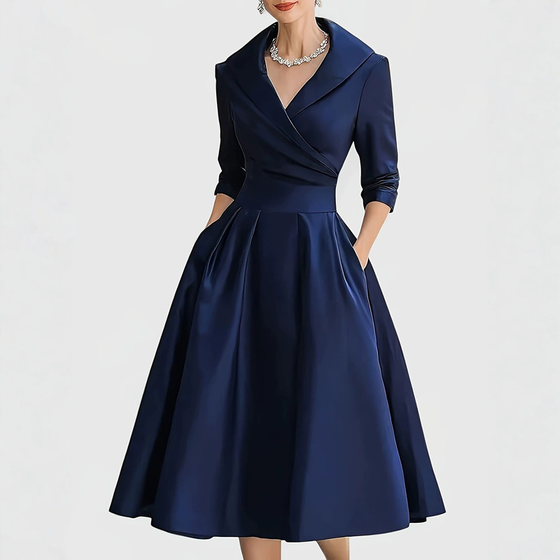 Navy Blue Satin Suit Collar Dress for Women, Elegant Waist-Cinching Mid-Length A-Line Party Dress Nk-Wry Navy Blue Satin Suit Collar Dress for Women, Elegant Waist-Cinching Mid-Length A-Line Party Dress Nk-Wry