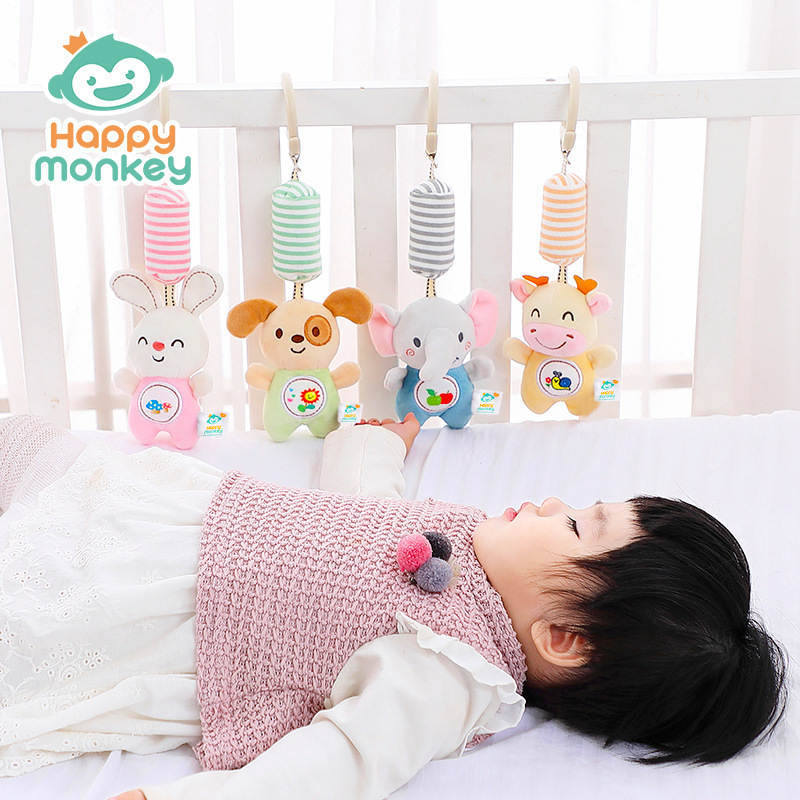 Juguete de peluche de mono feliz para educación temprana, campana de viento relajante para cuna, sonajero de mano para bebé.