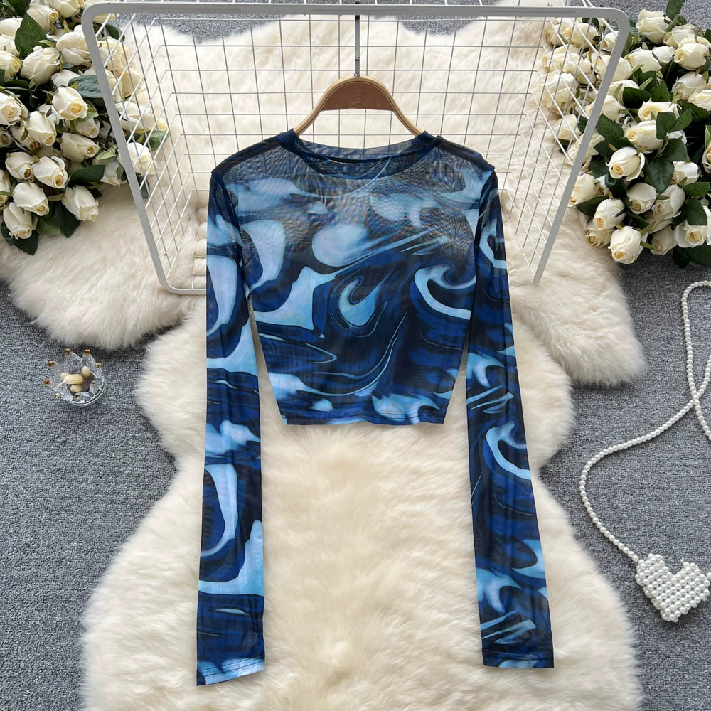 Европейский и американский стиль 2023, летняя новая стильная Сетчатая футболка с длинными рукавами, женский тонкий нишевый топ с принтом и круглым вырезом