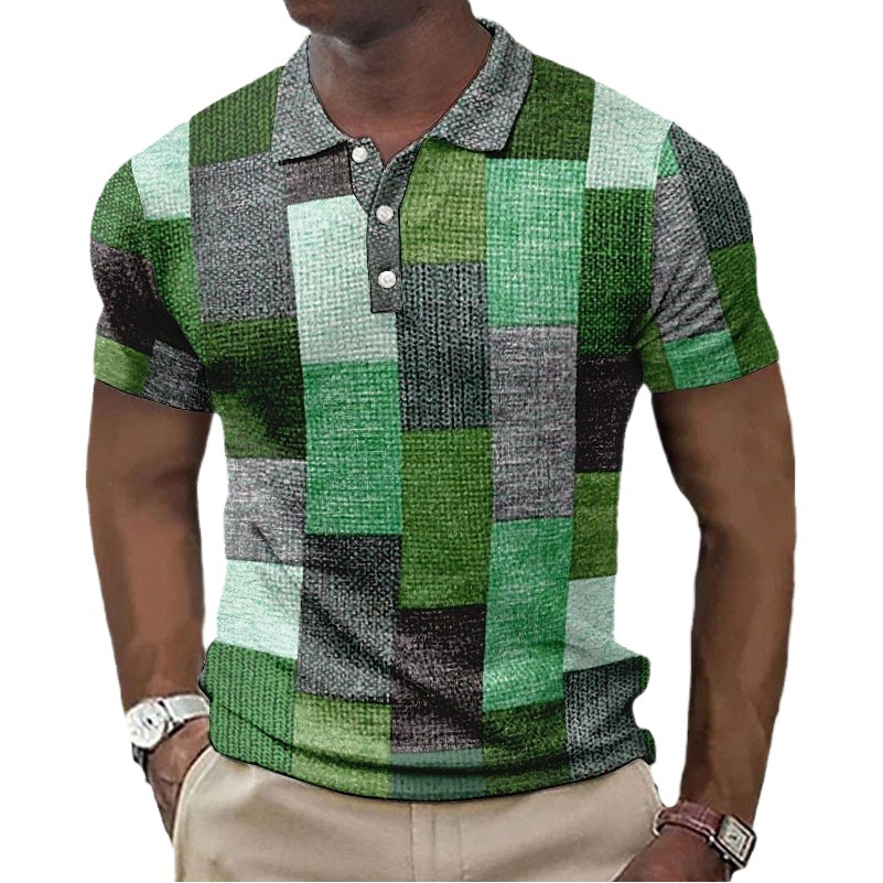 Botón de los hombres camisa polo a cuadros patrón solapa moda 3D Impresión digital moda urbana suelta casual
