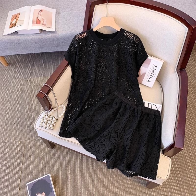 Summer Plus-Size Hollow-Out Lace 2026 Fashion Set Stylish Casual Short-Sleeve Top and Shorts Two-Piece Set