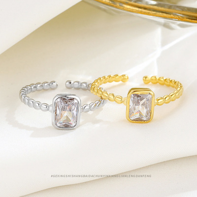 小衆氣質ins飾品s925純銀方形指環高級感個性金色锆石開口戒指女