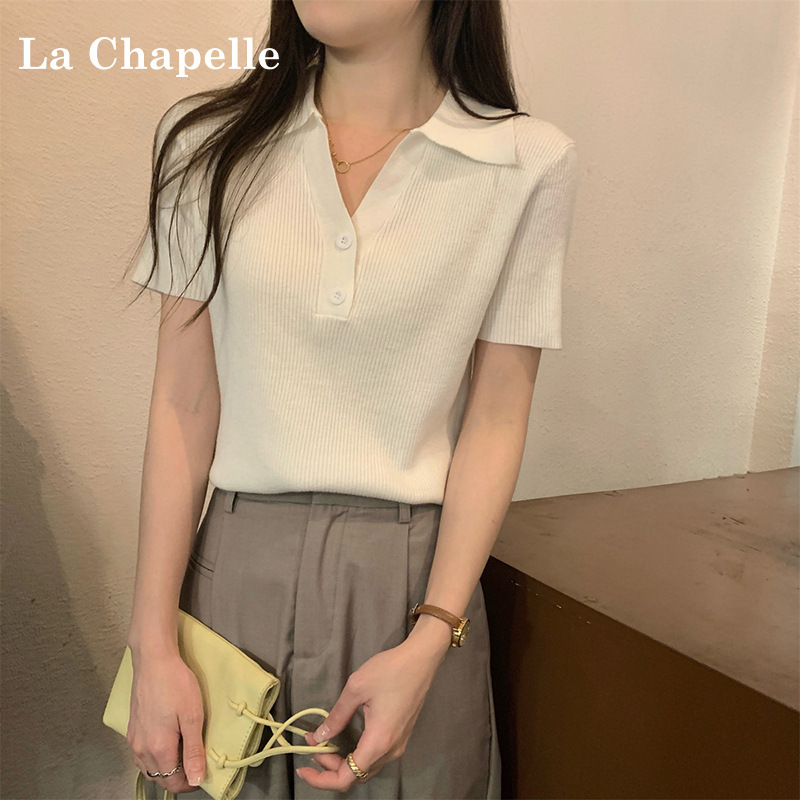 Summer 2026 New Style Polo Collar Pure Desire Blouse with Buttons, High-End Design, Unique Short-Sleeve Ice Silk Knit Top