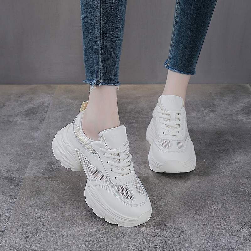 Giày sneaker nữ đế dày phong cách dad sneaker, lưới thoáng khí, da thật tăng chiều cao — Lưới trắng