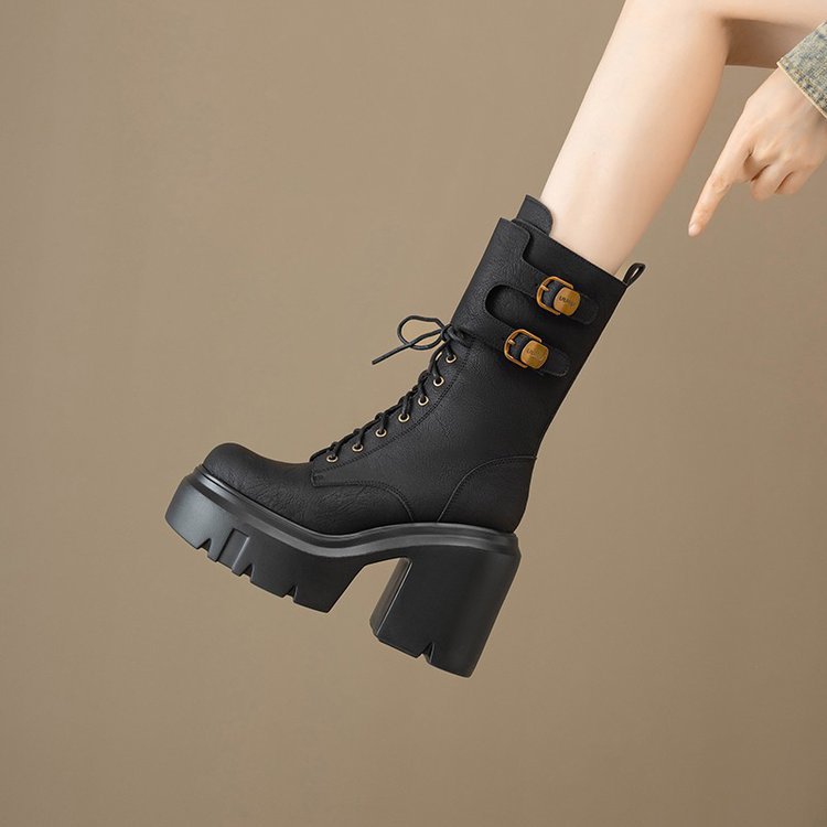 High-Heeled Boots for Women, Mid-Calf New Autumn and Winter Fleece-Lined Thick Heels to Increase Height for Small People, Thick-Soled British Motorcycle Boots