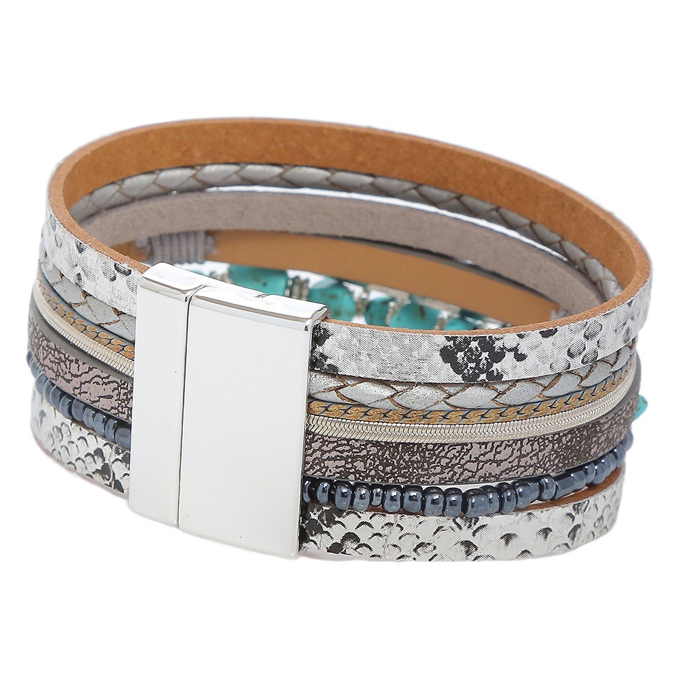 Pulsera de cuero tejido de cuero de cristal europeo y americano para mujer, pluma bohemia retro, turquesa, piedra triturada, pulsera de botón de imán