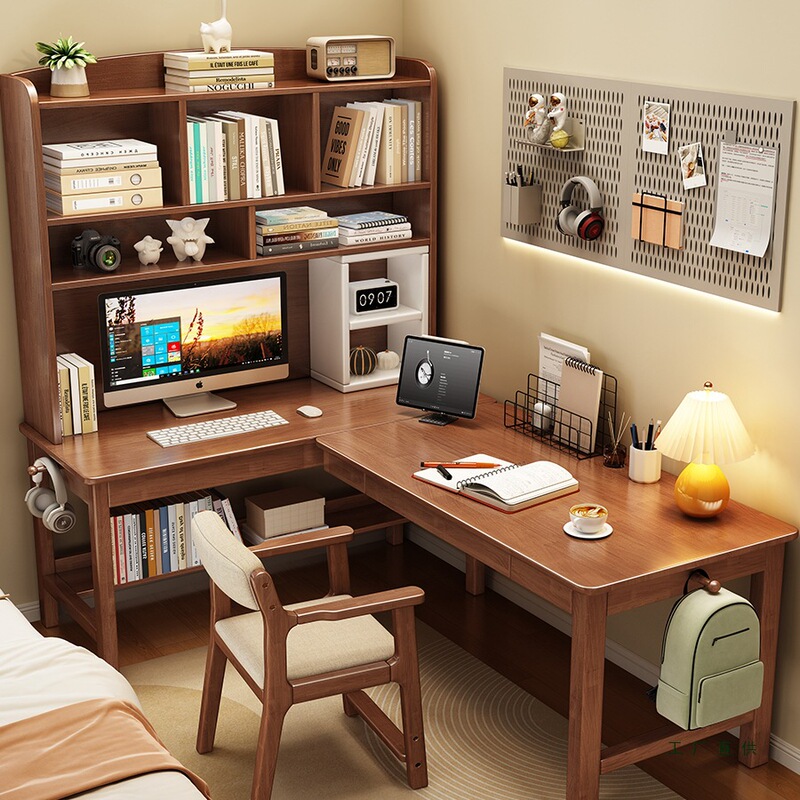 Solid Wood Corner Desk Bookshelf Integrated Table Study Room Wall-Mounted 7-Shaped L-Shaped Computer Desk Bedroom Home Corner Study Table
