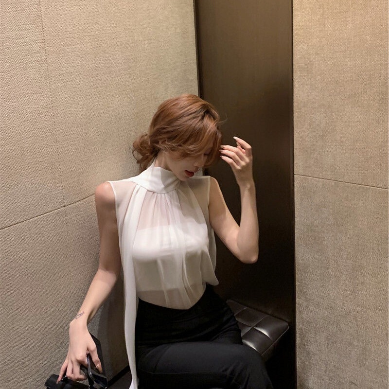 White Strap Sleeveless Chiffon Shirt Women's 2025 Summer New French Thin Design Pure Elegant Top