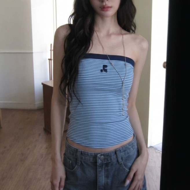 Striped Design Color-Blocking Tube Top for Women, Summer 2026 New American Retro Style, Slim-Fit Flattering Top