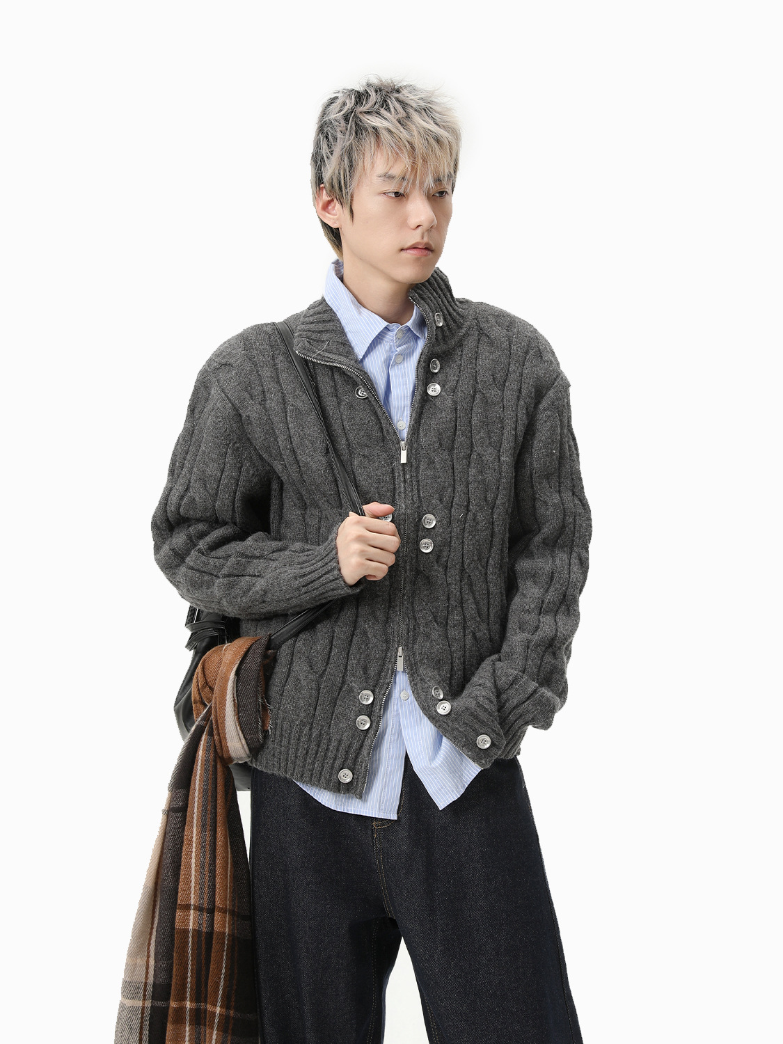 MTLCLOTHES Hombres| Diseño de nicho suéter de diseño de botón de jersey de punto suelto con doble cremallera