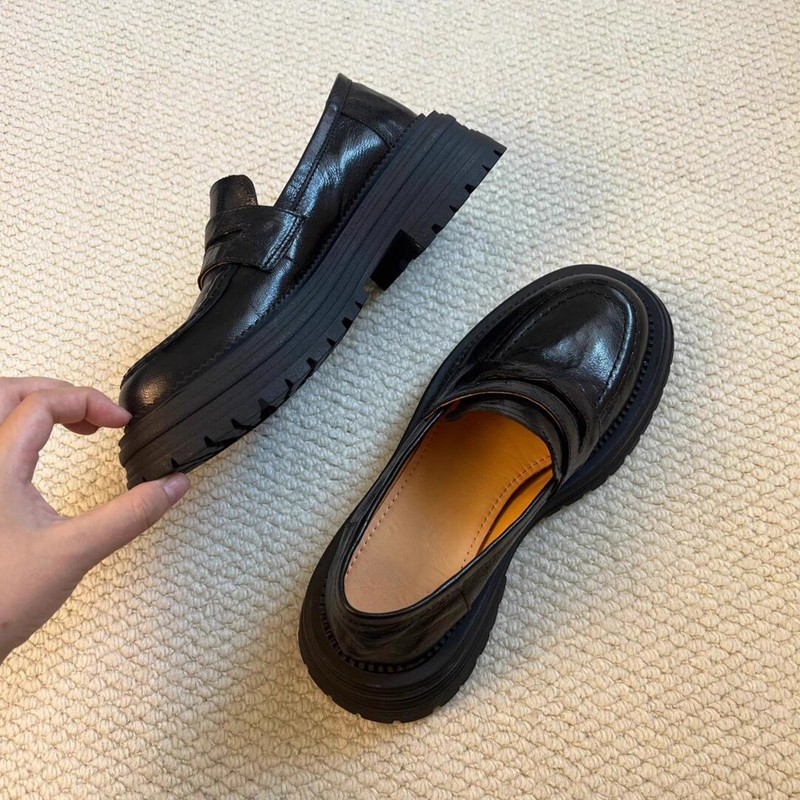 羊皮版~极简风厚底乐福鞋女圆头百搭真皮一脚蹬单鞋子通勤小皮鞋|undefined