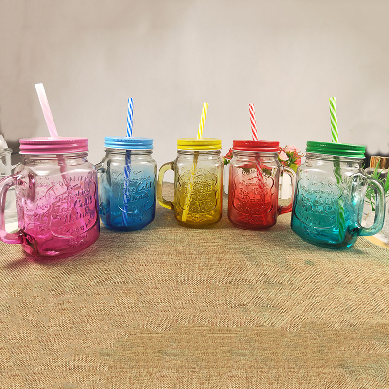 Letras de gradiente de mango de tazas 480ml con tapa creativa tazas de vidrio de color gradiente tazas de agua de mano tazas Mason