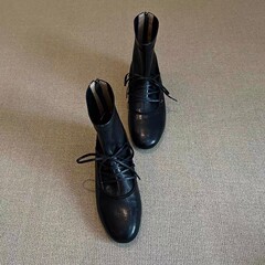 牛皮版复古西部牛仔靴装饰拉链新款皮扣复古粗跟骑士短靴高筒靴女