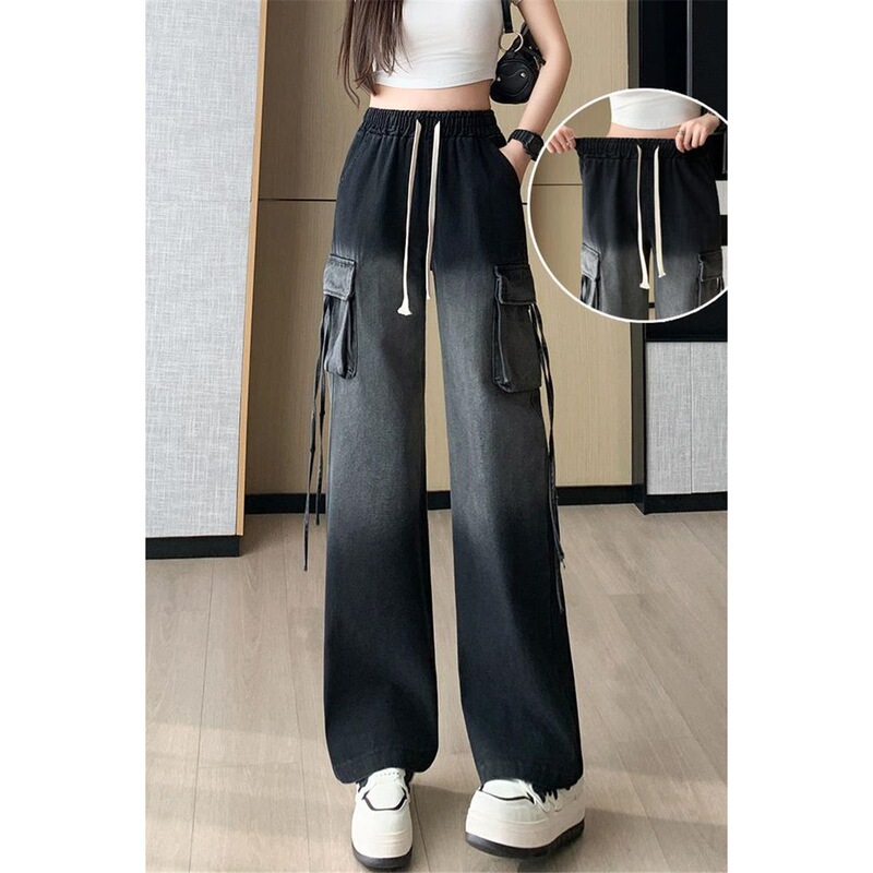 Wide-Leg Workwear Jeans for Women, 2026 Spring New Style, Drawstring Elastic Waist, Versatile Gradient Color, Loose Straight-Leg Pants