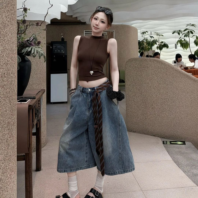 Summer American Retro Style Sleeveless Vest Top for Women, New Slim-Fit Loose Wide-Leg Casual Jeans Trendy