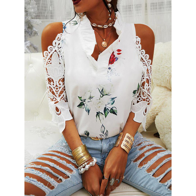 2023 European and American Amazon Summer New Women's Tops Flower Print Off-Shoulder Lace Splicing Long-Sleeved T-Shirt for Women