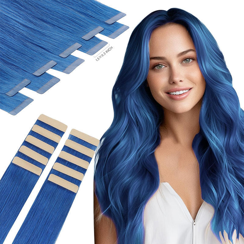 Real Hair Wig Blue Film Hair Extensions Factory Direct Supply Color Customization Cross-Border E-Commerce Hot Style Supports Wholesale