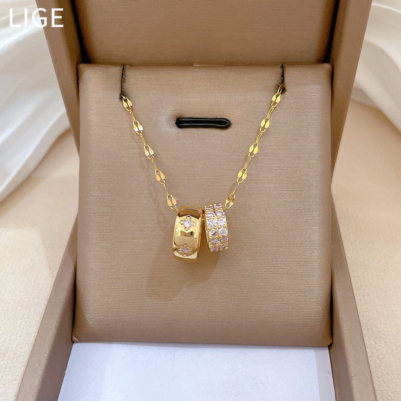 [Titanium Steel] Double-ring Small Man Waist Full Diamond Fashion Light Luxury Elegant Gorgeous Full Diamond Necklace Women's All-match Clavicle Chain