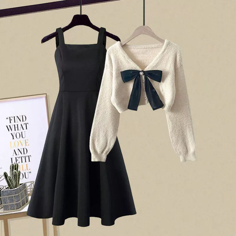 Весенний костюм для женщин 2025, новый стиль, маленький ароматный стиль, короткий вязаный кардиган, свитер, универсальное платье для похудения, комплект из двух предметов